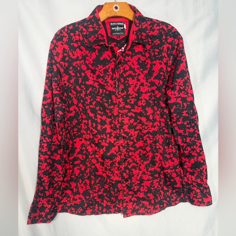 Barabas Men’s Bold Red Black Colors Contrast White Red Strip Button Front Sz L